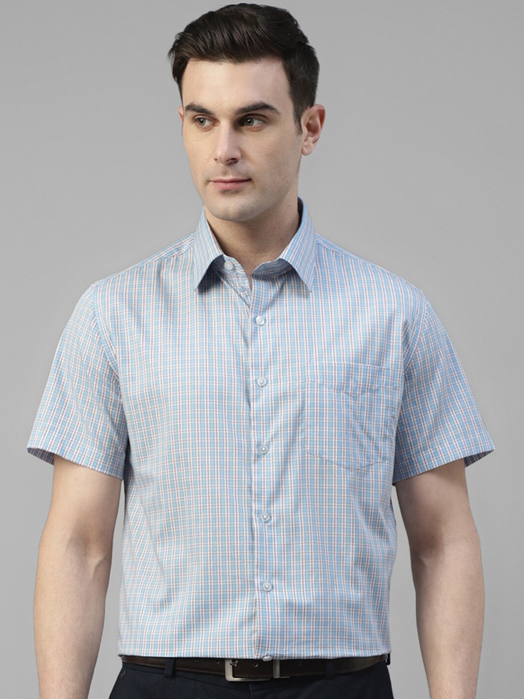 

Hancock Standard Slim Fit Tartan Checked Spread Collar Short Sleeves Cotton Formal Shirt, Blue