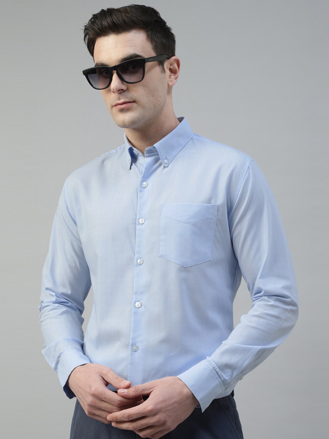 

Hancock Standard Slim Fit Button-Down Collar Self Design Pure cotton Formal Shirt, Blue