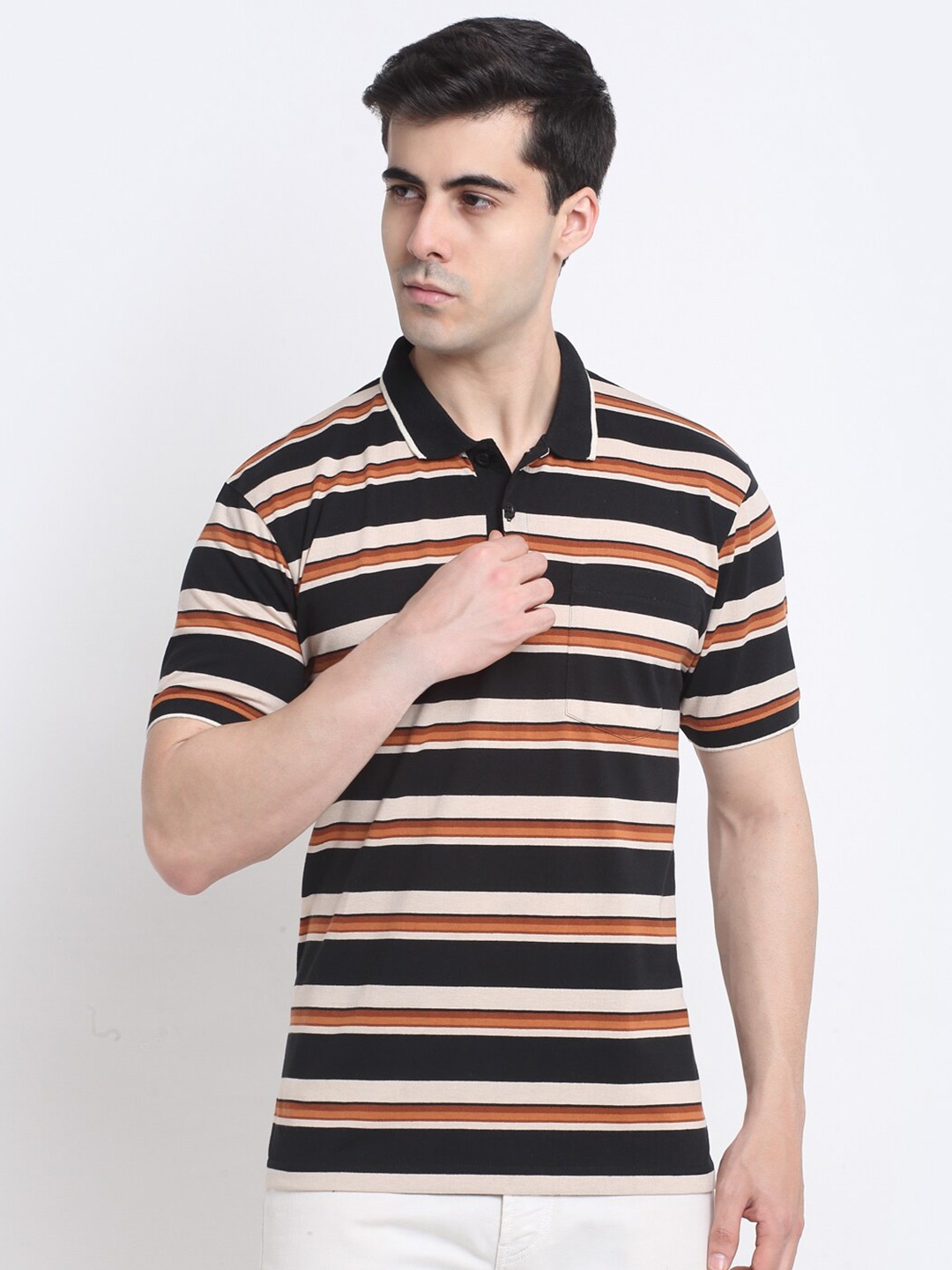 

HARBOR N BAY Striped Cotton Polo Collar T-shirt, Black