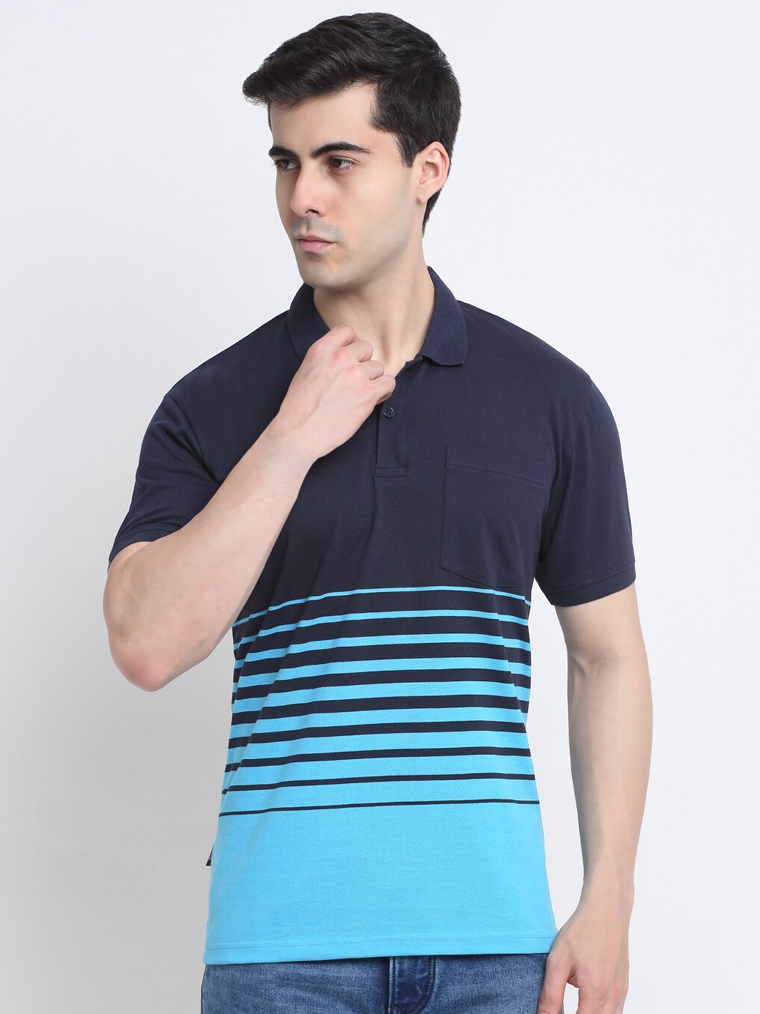 

HARBOR N BAY Striped Cotton Polo Collar T-shirt, Navy blue