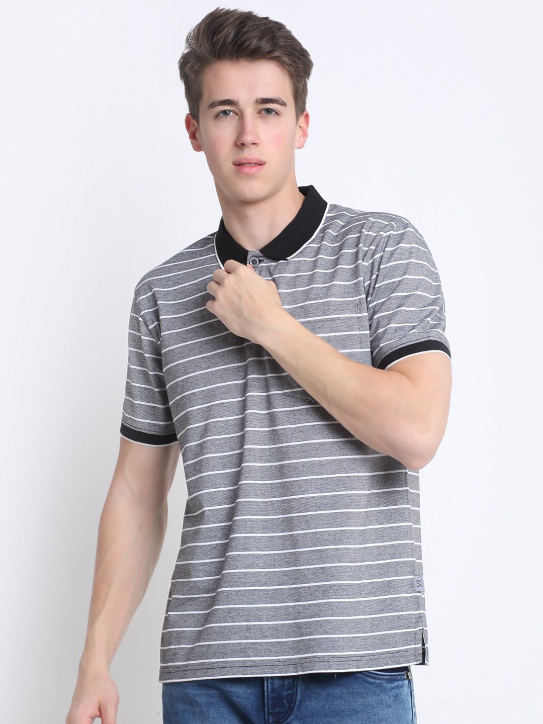 

HARBOR N BAY Striped Cotton Polo Collar T-shirt, Grey