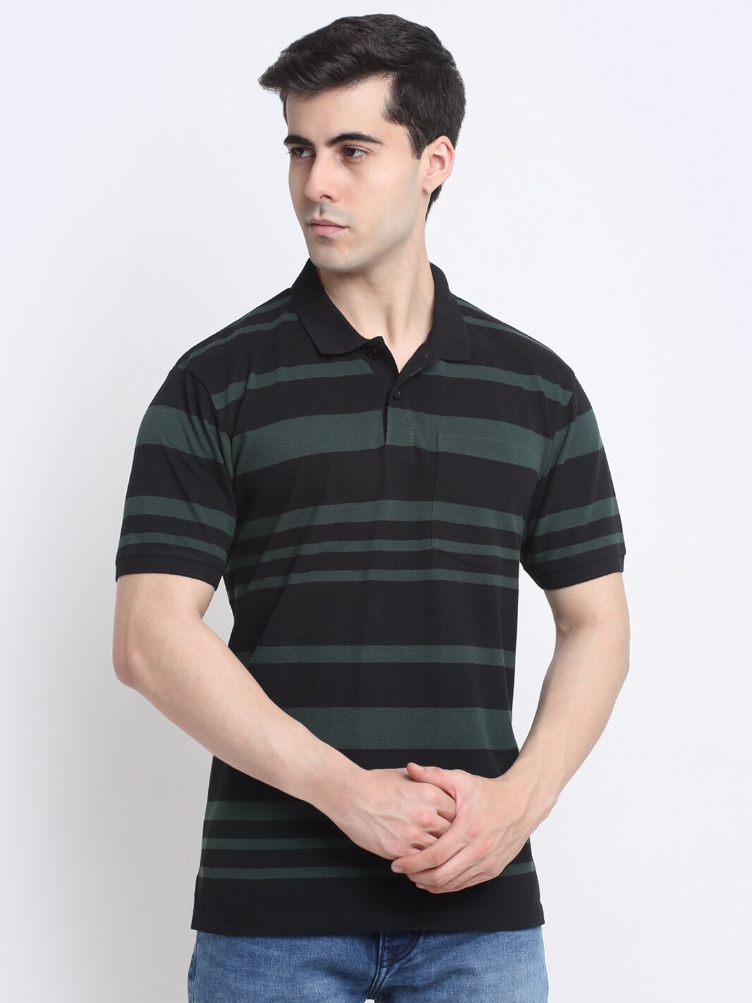 

HARBOR N BAY Striped Cotton Polo Collar T-shirt, Black