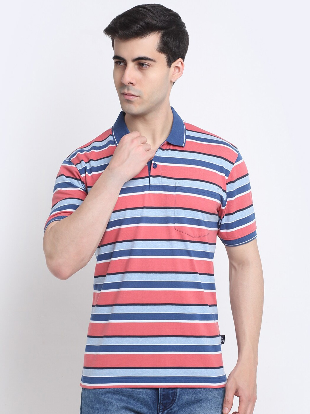 

HARBOR N BAY Striped Cotton Polo Collar T-shirt, Coral