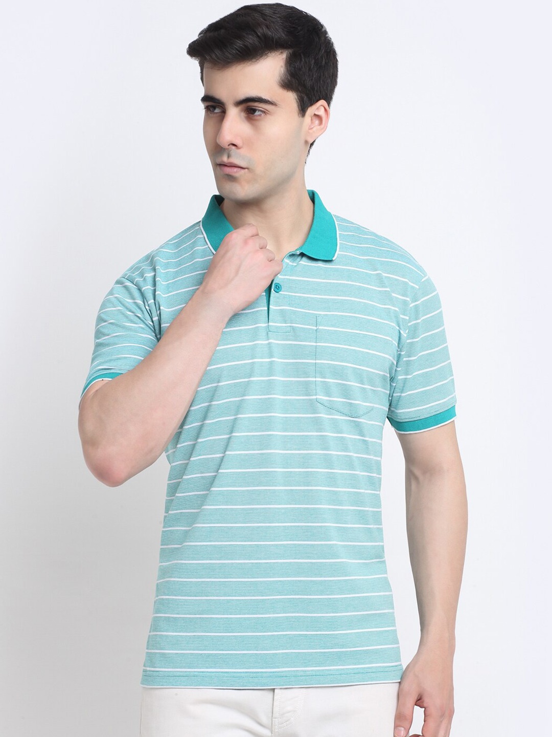 

HARBOR N BAY Striped Cotton Polo Collar T-shirt, Sea green