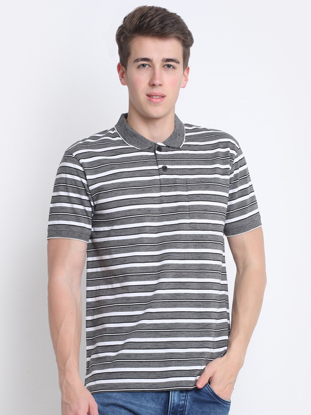 

HARBOR N BAY Striped Cotton Polo Collar T-shirt, Grey