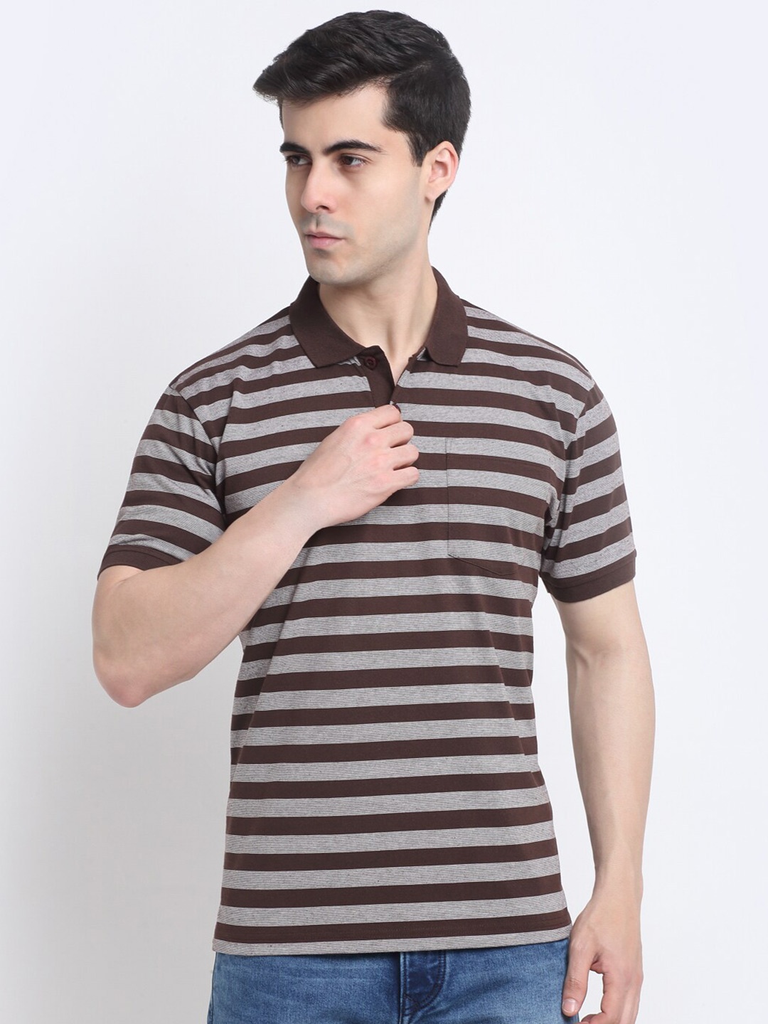 

HARBOR N BAY Striped Cotton Polo Collar T-shirt, Brown