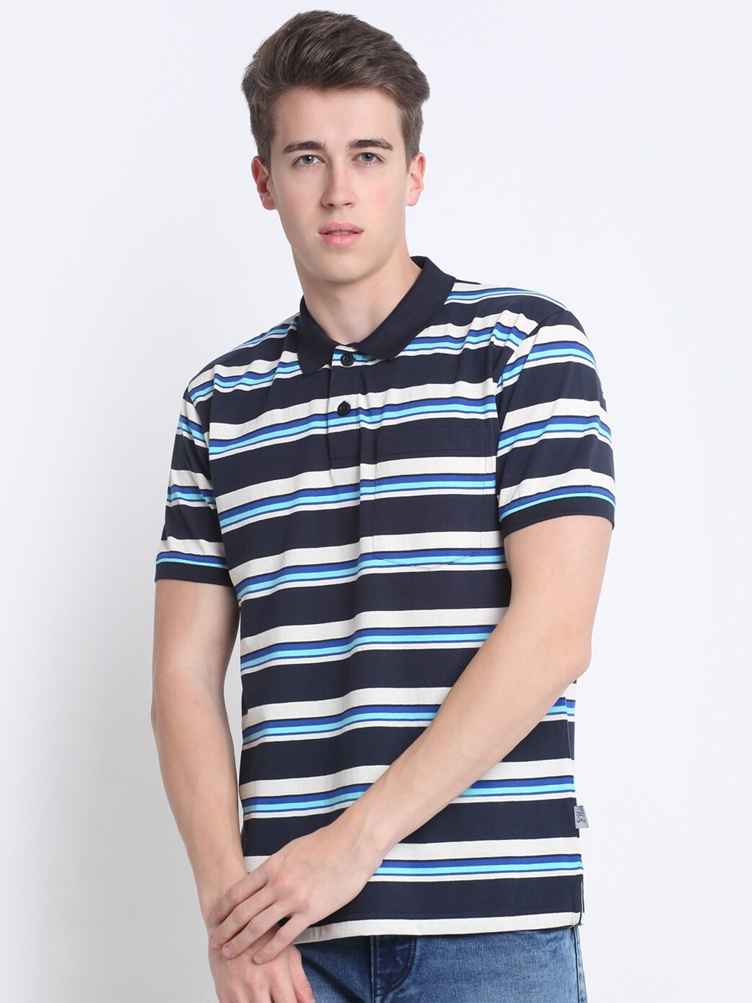 

HARBOR N BAY Striped Polo Collar Short Sleeves Cotton T-shirt, Navy blue
