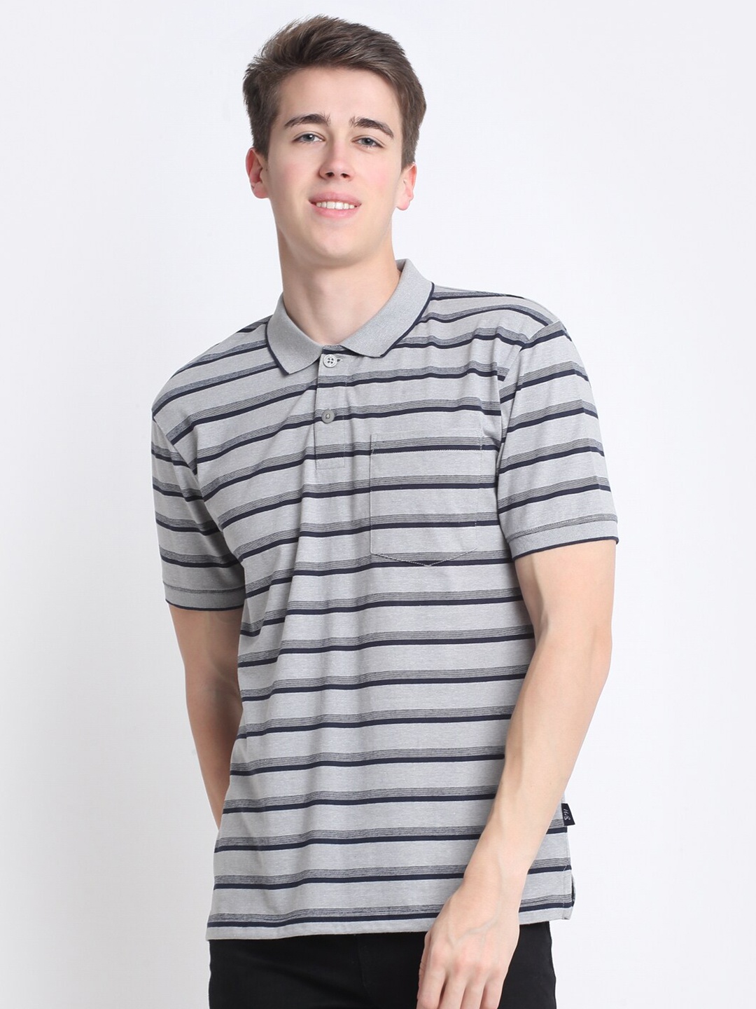 

HARBOR N BAY Striped Cotton Polo Collar T-shirt, Grey