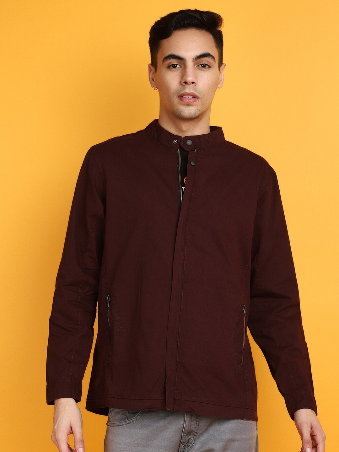 

V-Mart Mandarin Collar Long Sleeves Casual Shacket, Maroon