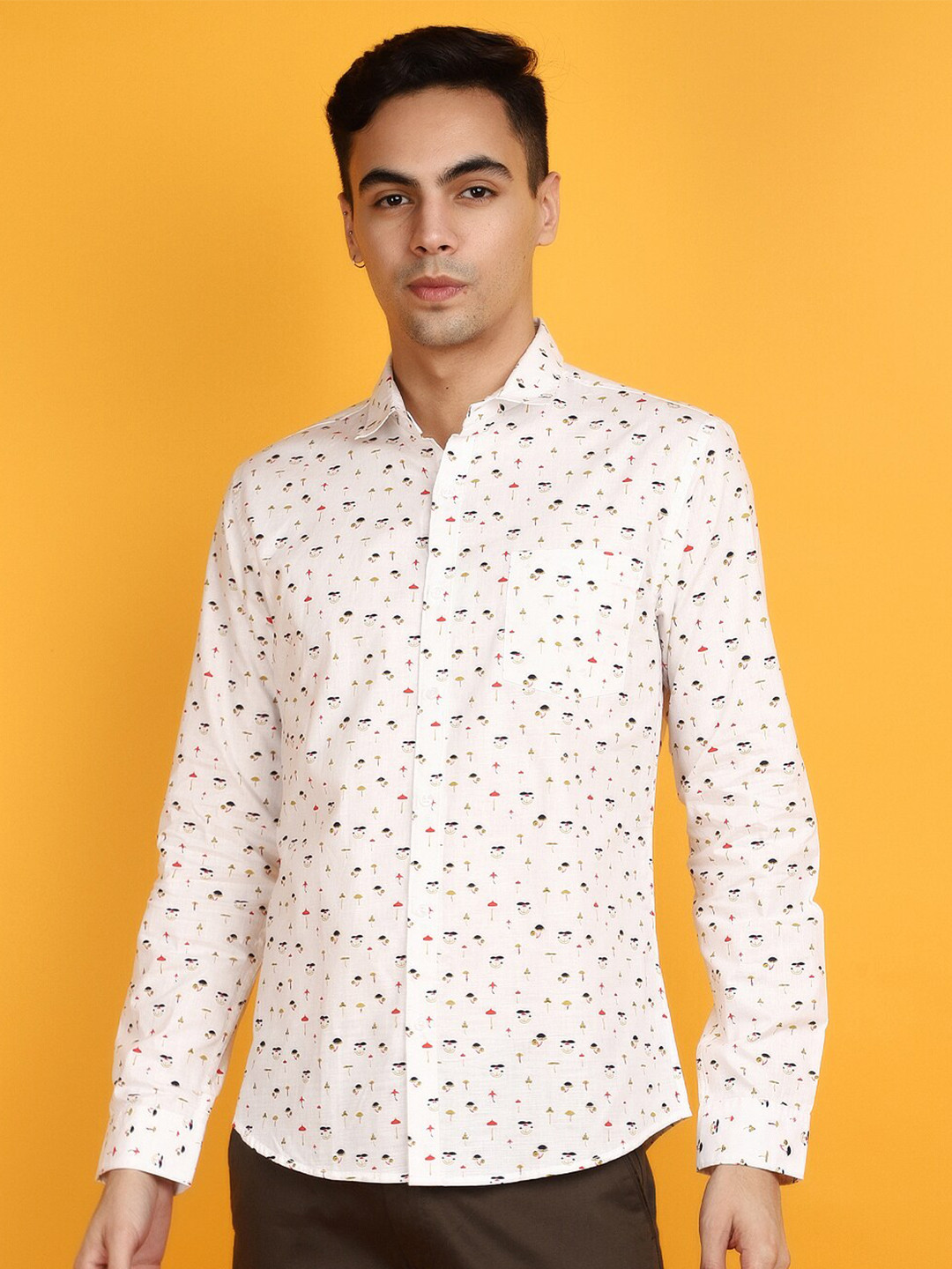 

V-Mart Printed Spread Collar Long Sleeves Cotton Slim Fit Casual Shirt, Off white