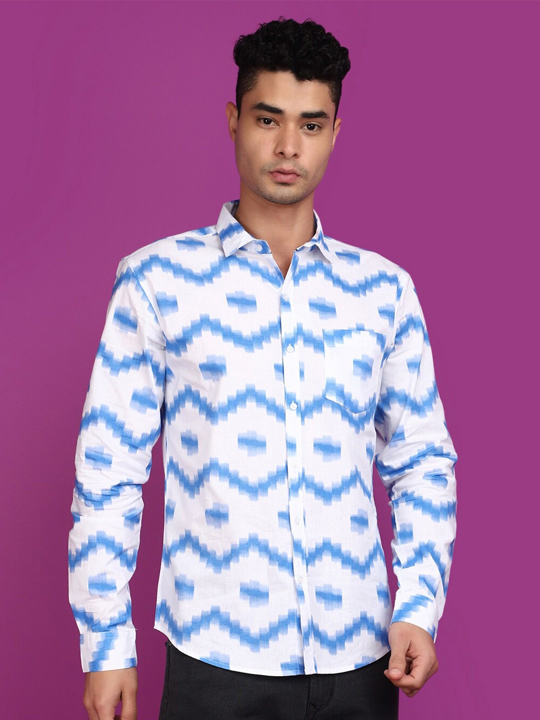 

V-Mart Printed Spread Collar Long Sleeves Cotton Slim Fit Casual Shirt, Blue