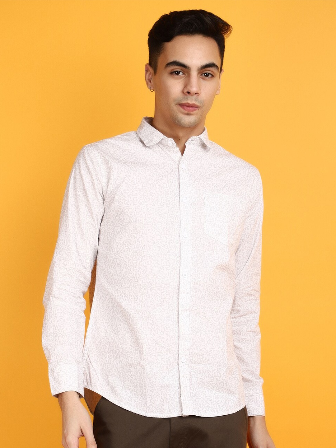 

V-Mart Printed Spread Collar Long Sleeves Cotton Casual Shirt, Beige