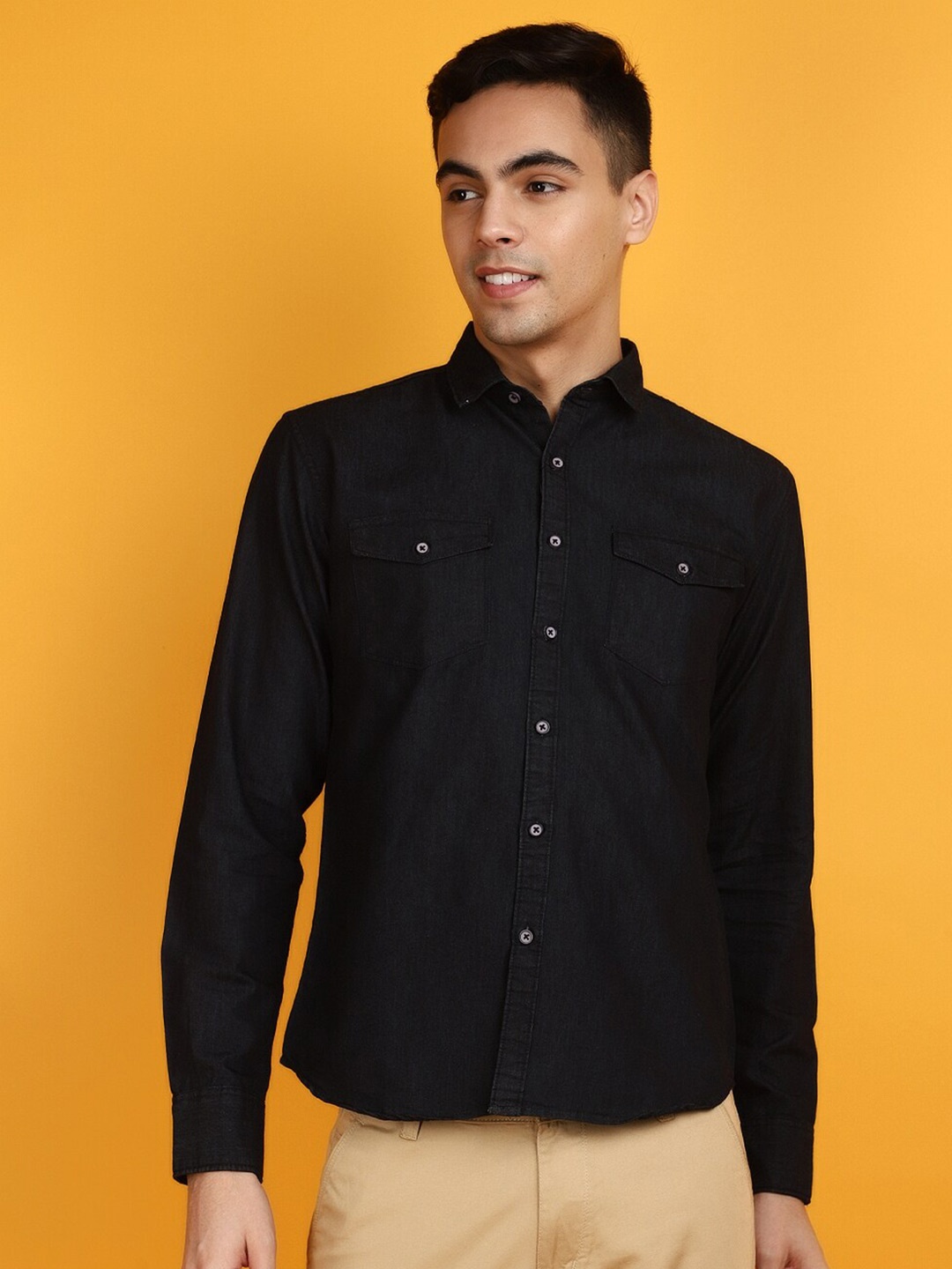 

V-Mart Spread Collar Long Sleeves Denim Slim Fit Casual Shirt, Black