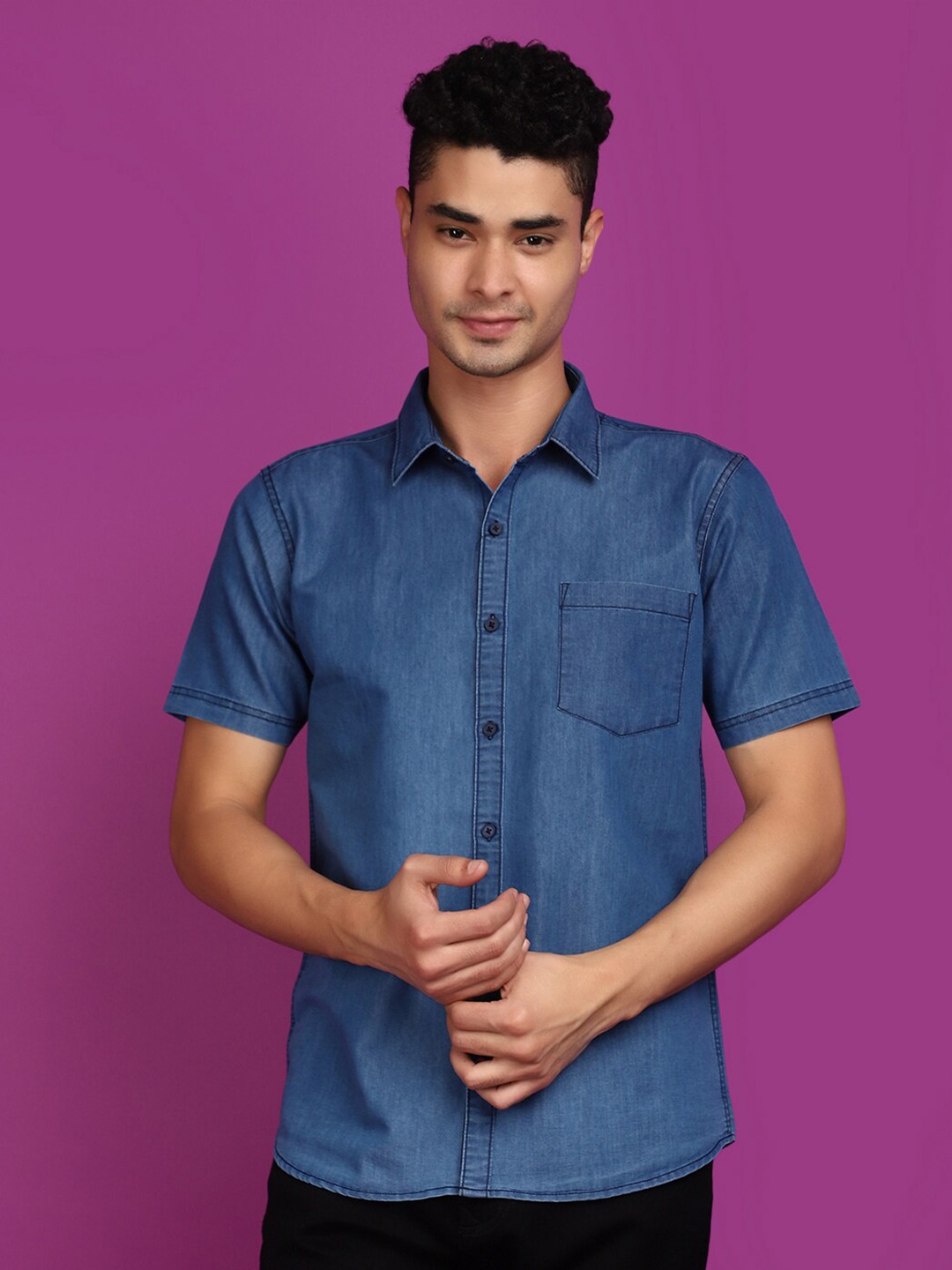 

V-Mart Spread Collar Long Sleeves Denim Slim Fit Casual Shirt, Blue