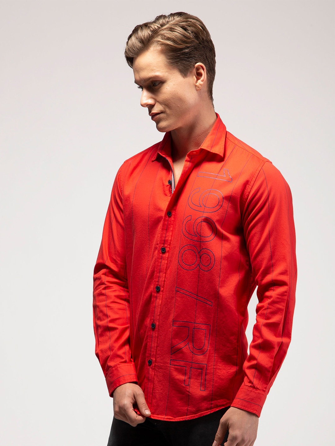 

Red Flame Striped Cotton Casual Shirt