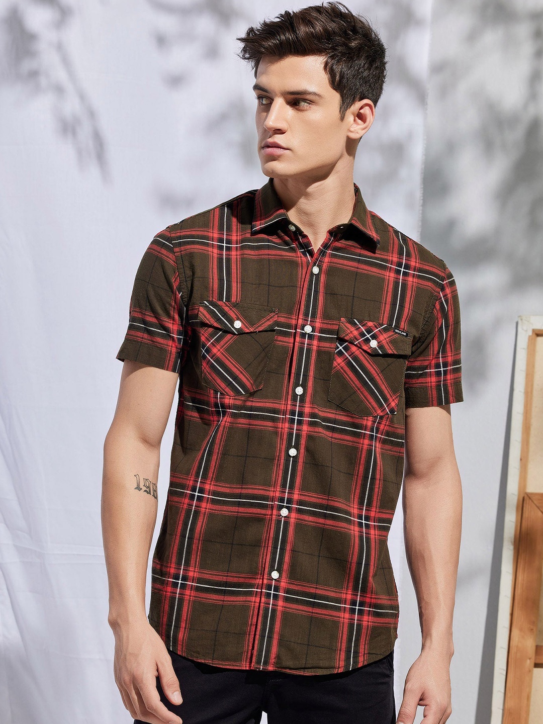 

Red Flame Men Tartan Checks Opaque Checked Casual Shirt, Olive