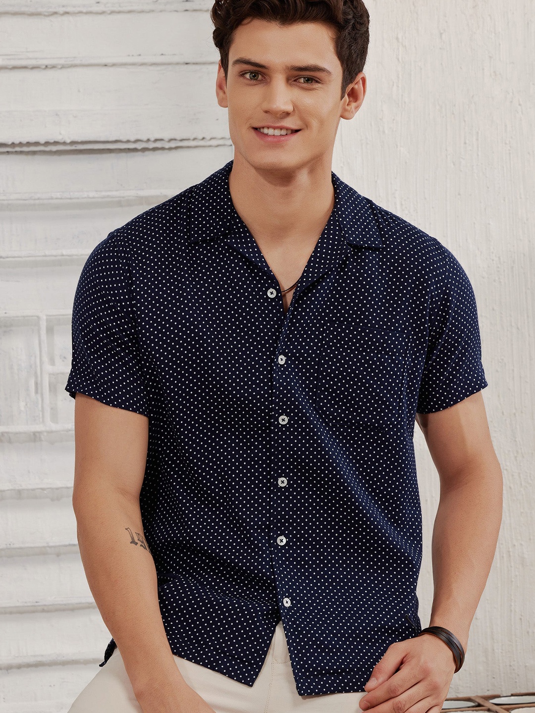 

Red Flame Men Opaque Printed Casual Shirt, Navy blue