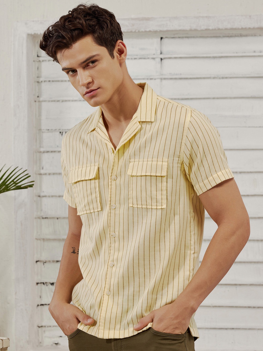 

Red Flame Men Opaque Striped Casual Shirt, Yellow