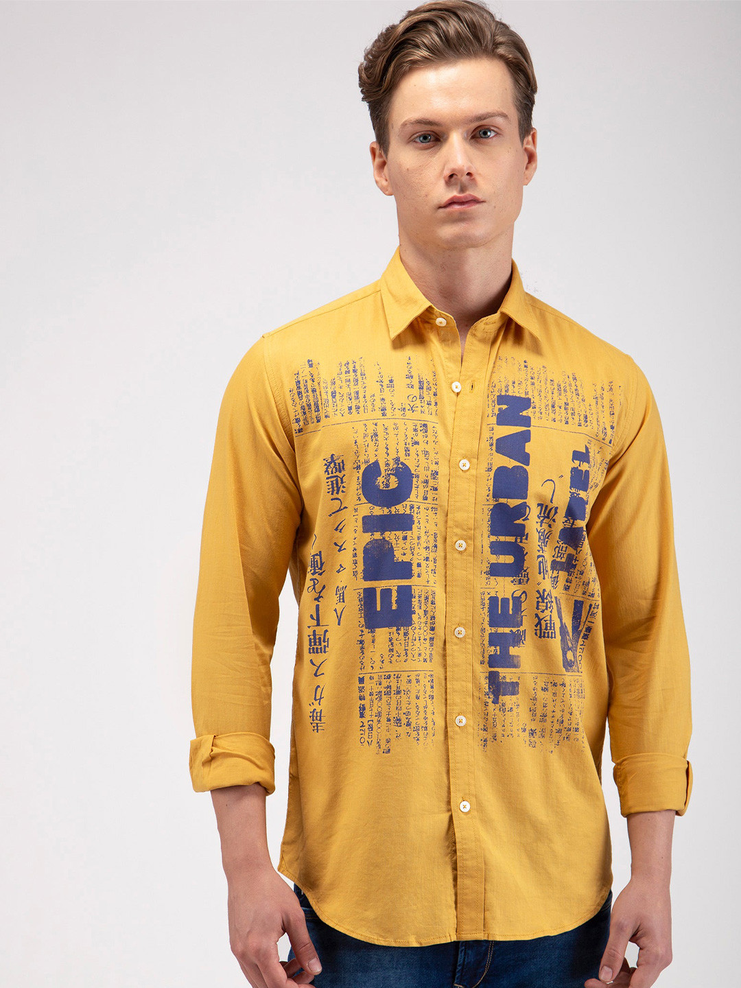 

Red Flame Geometric Printed Cotton Casual Shirt, Yellow