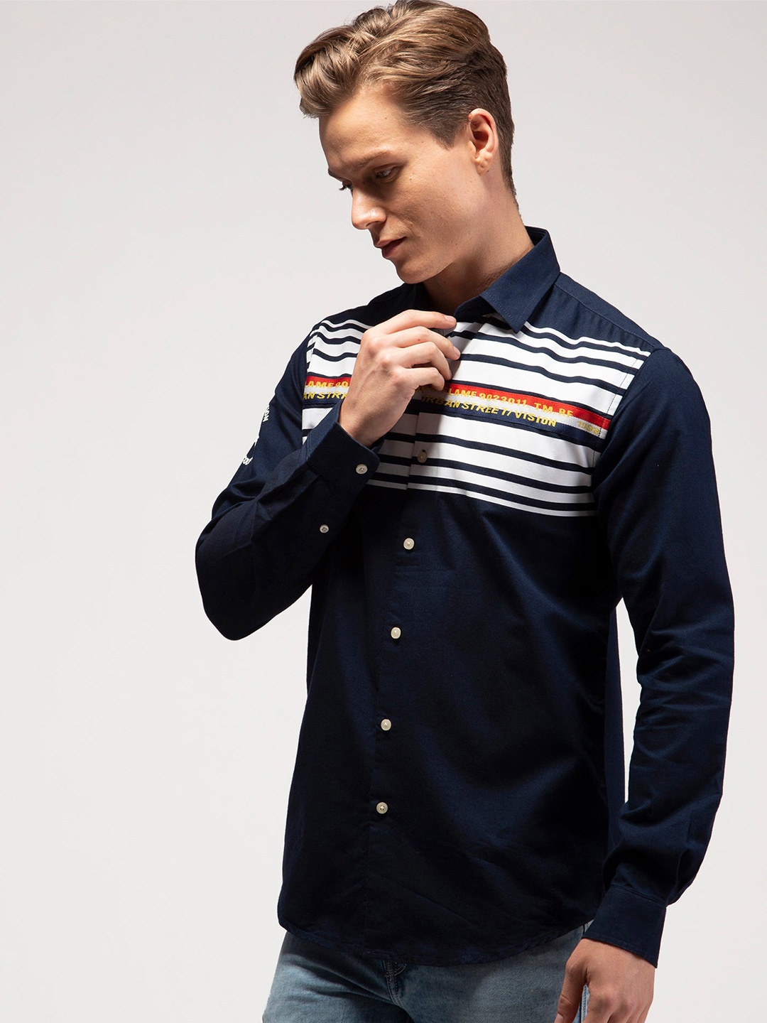 

Red Flame Horizontal Striped Cotton Casual Shirt, Navy blue