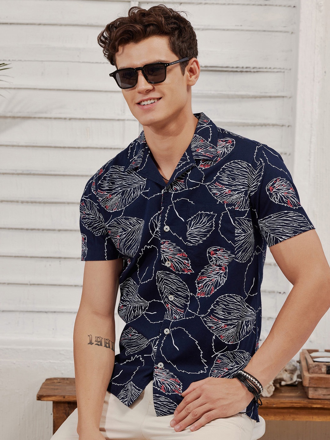 

Red Flame Men Opaque Printed Casual Shirt, Navy blue