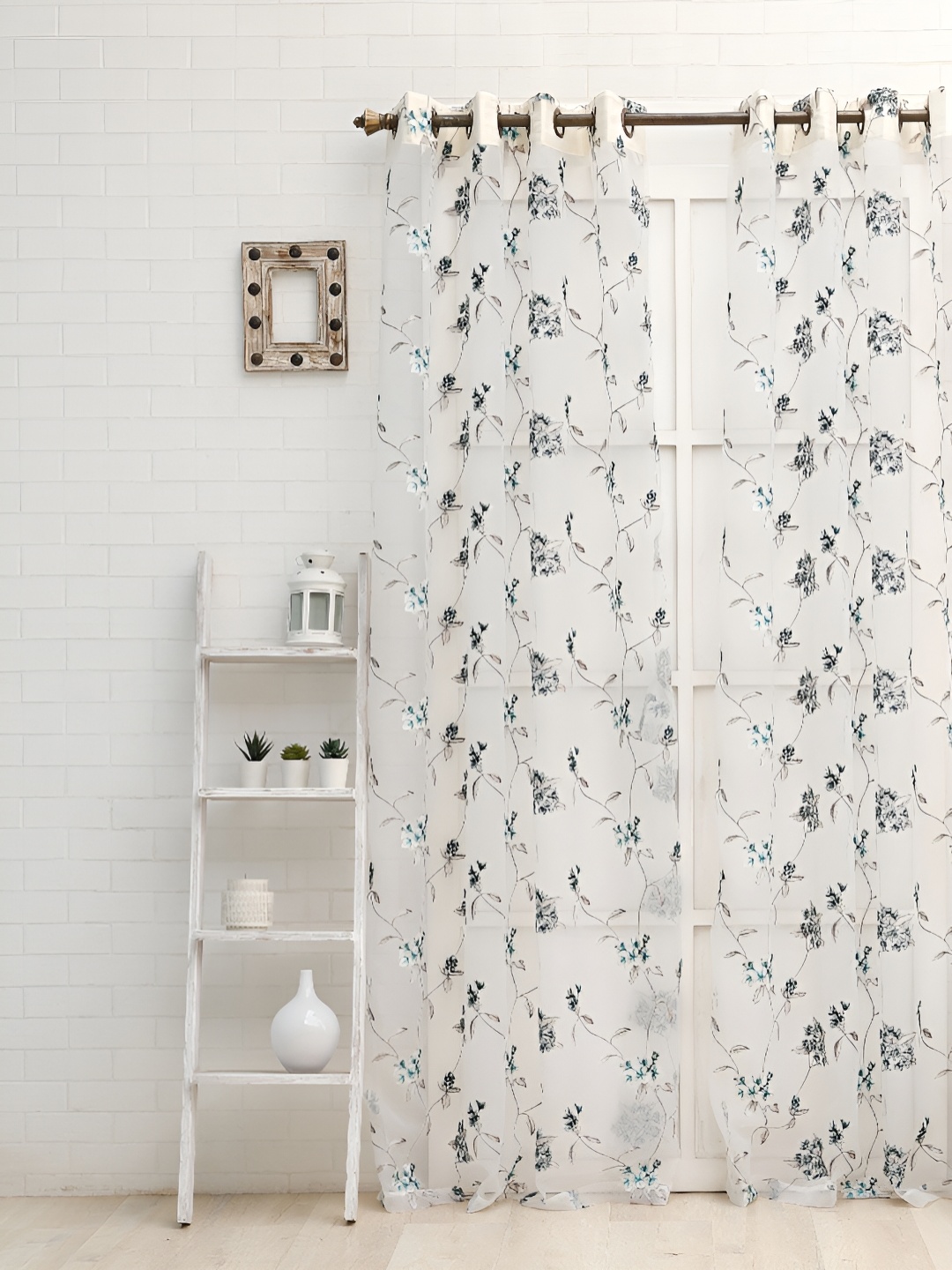 

Ariana Blue & Grey Floral Embroidered Eyelet Sheer Door Curtain