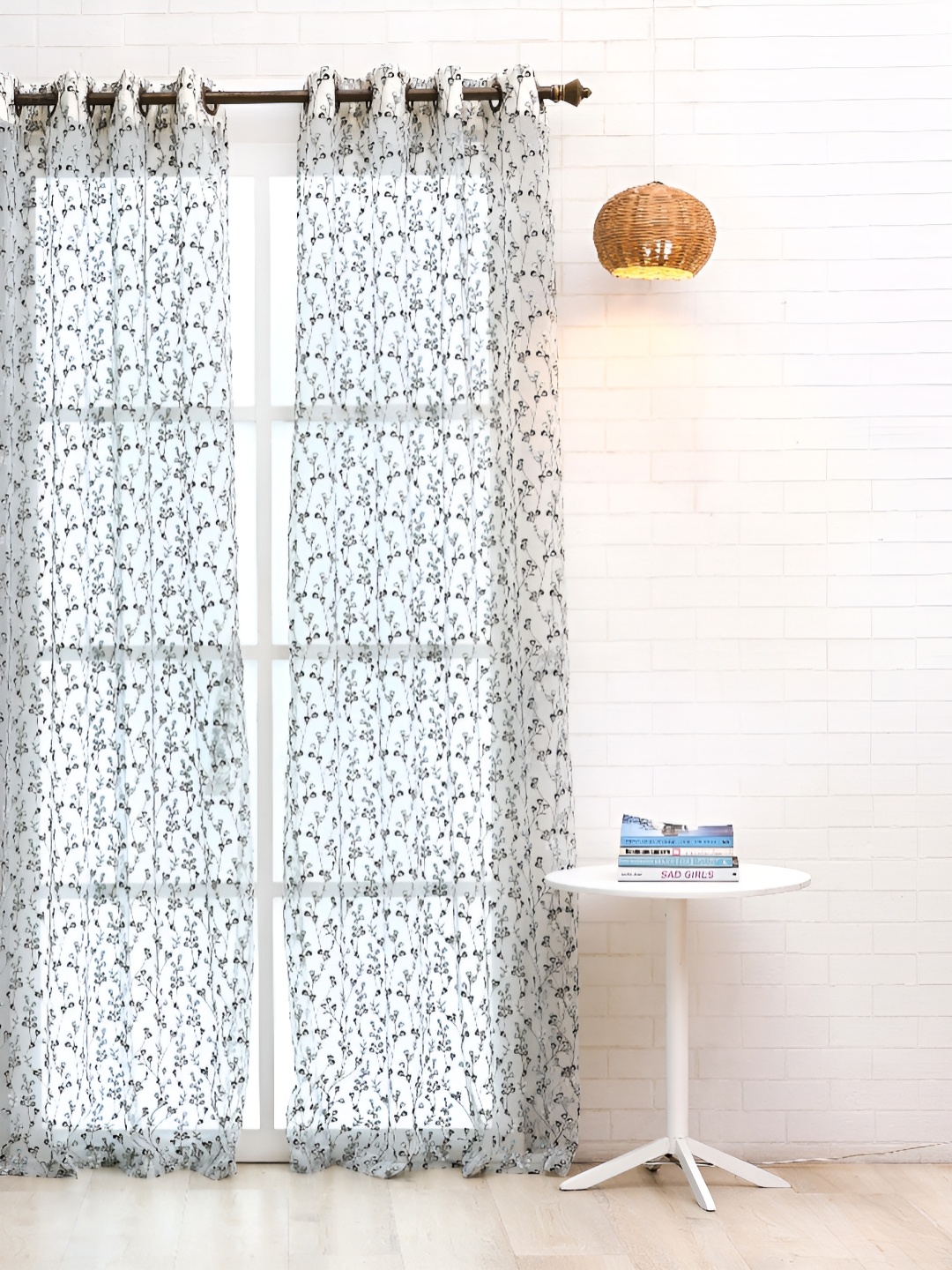 Ariana Blue & White Floral Printed Eyelet Sheer Long Door Curtain
