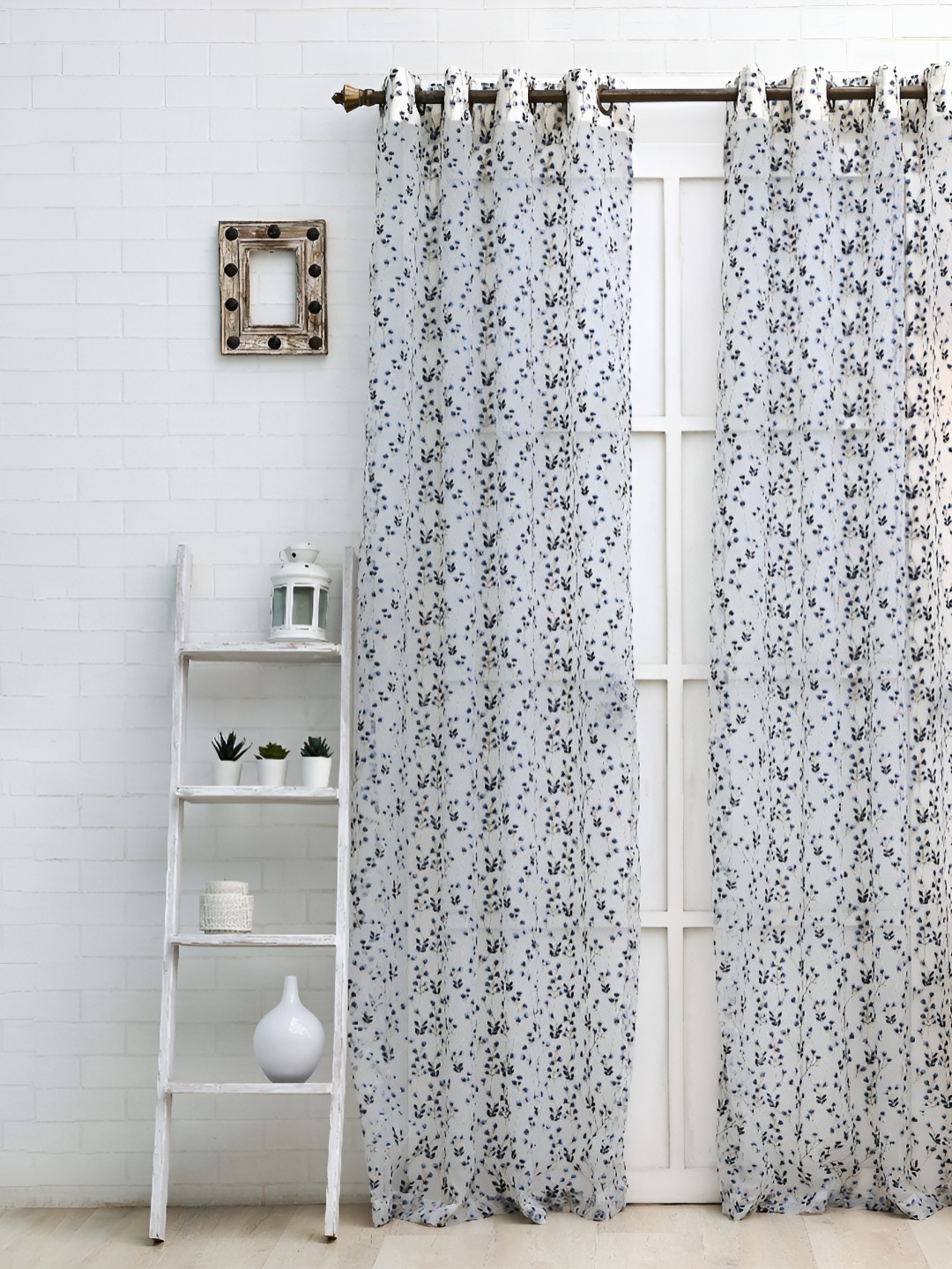 Ariana Navy Blue & White Embroidered Sheer Window Curtain