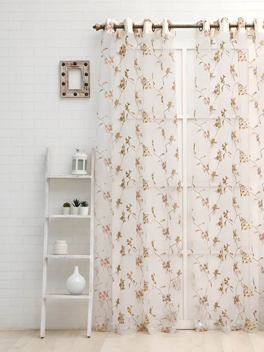 Ariana Green & White Embroidered Sheer Long Door Curtain