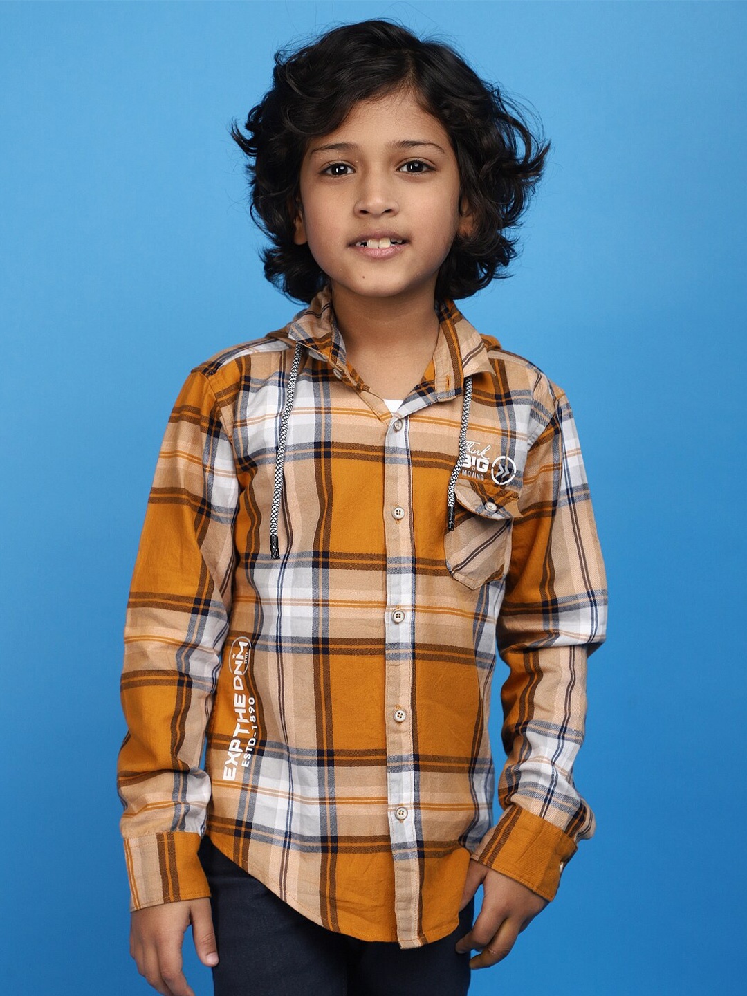 

V-Mart Boys Checked Hooded Opaque Cotton Casual Shirt, Mustard