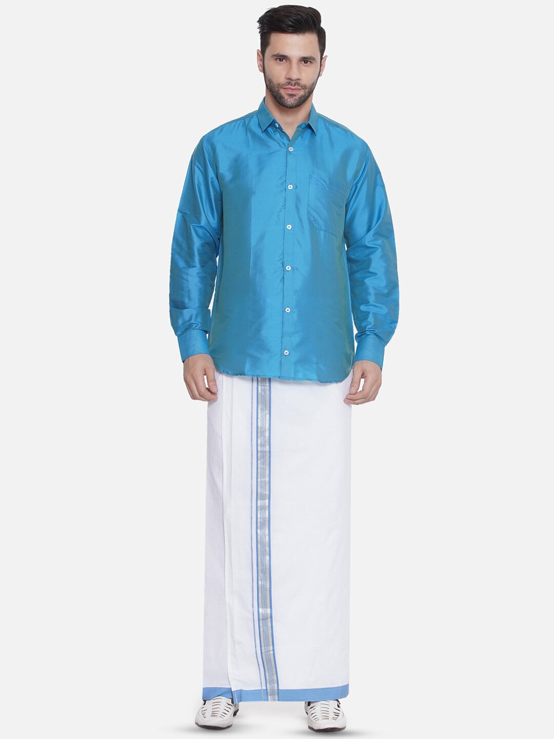 

Sethukrishna Long Sleeves Shirt With Veshti, Turquoise blue