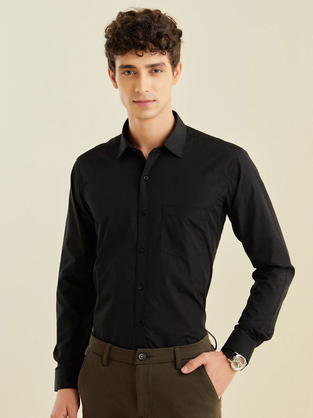 

Stori Spread Collar Cotton Formal Shirt, Black