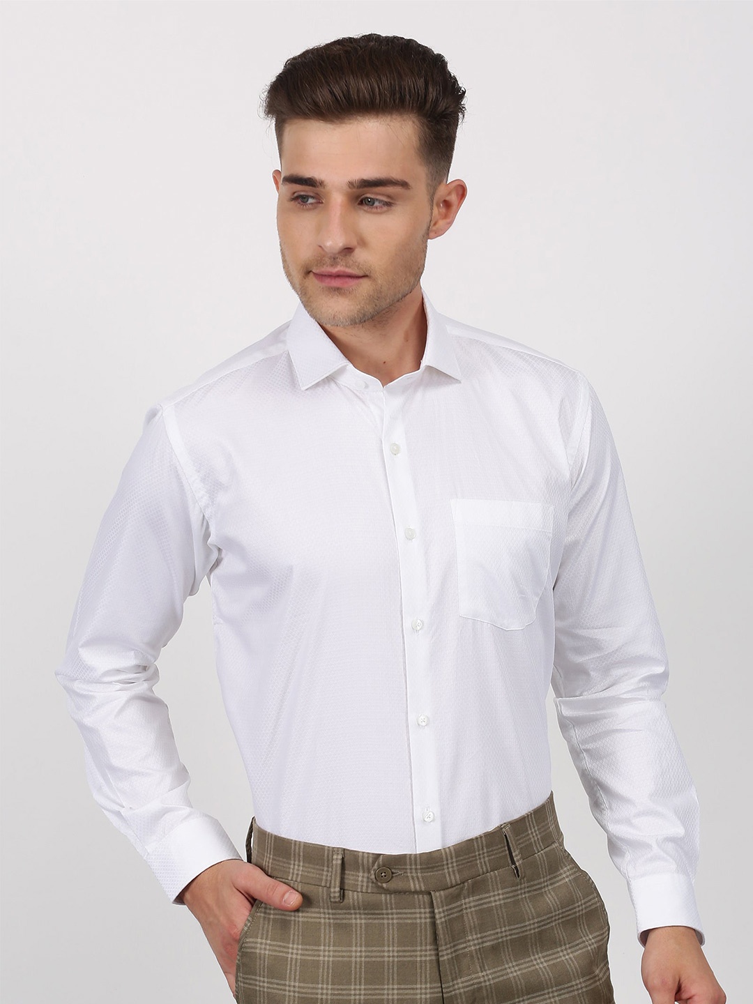 

Stori Spread Collar Checked Cotton Formal Shirt, White