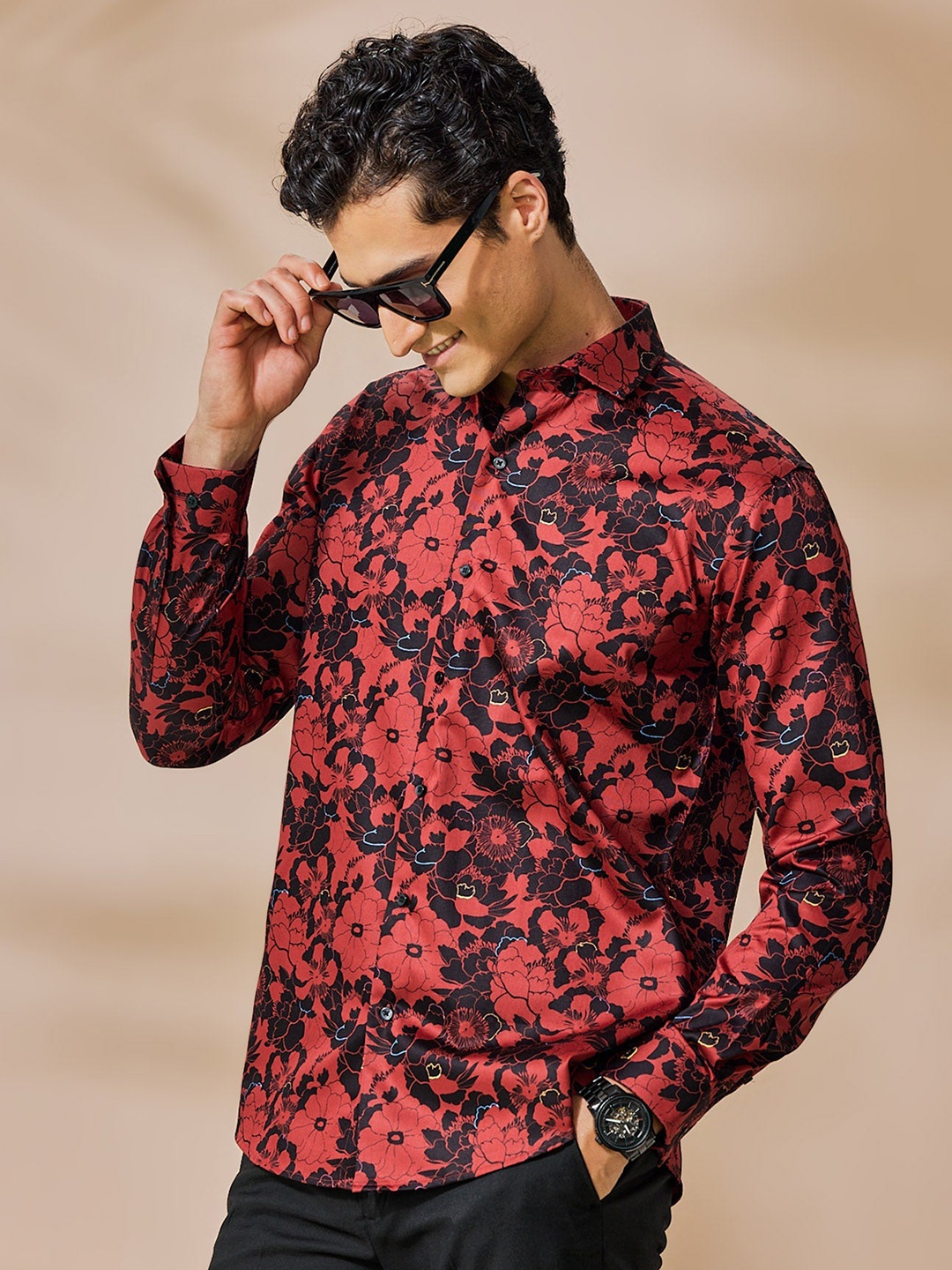 

Stori Spread Collar Long Sleeves Floral Printed Cotton Party Shirt, Red