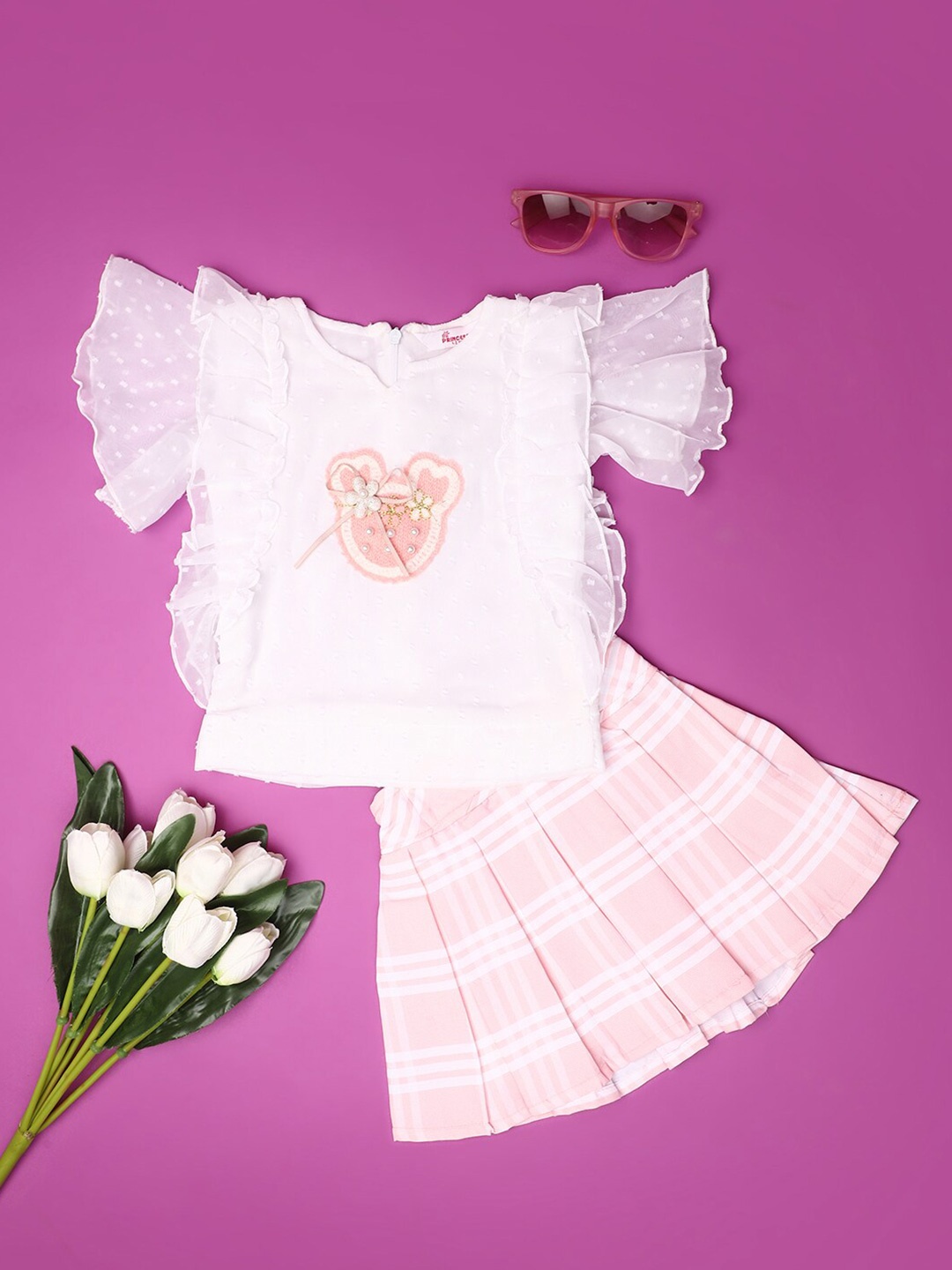 

V-Mart Girls Printed Pure Cotton Top with Skirt, White