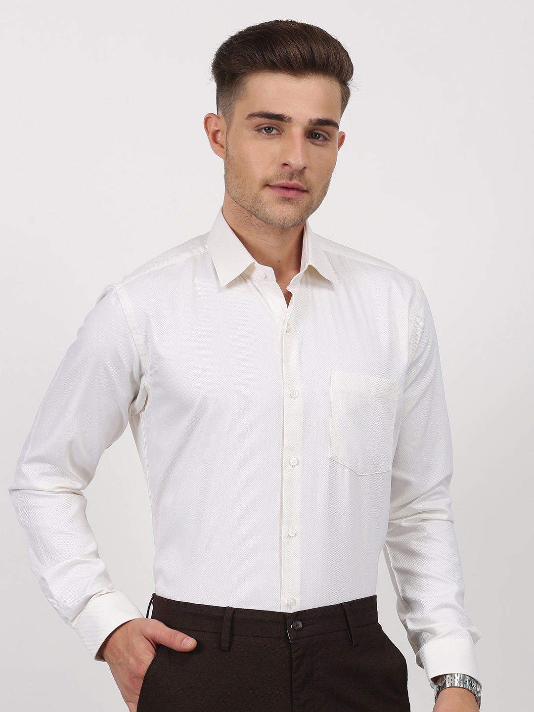 

Stori Self Design Cotton Formal Shirt, Cream