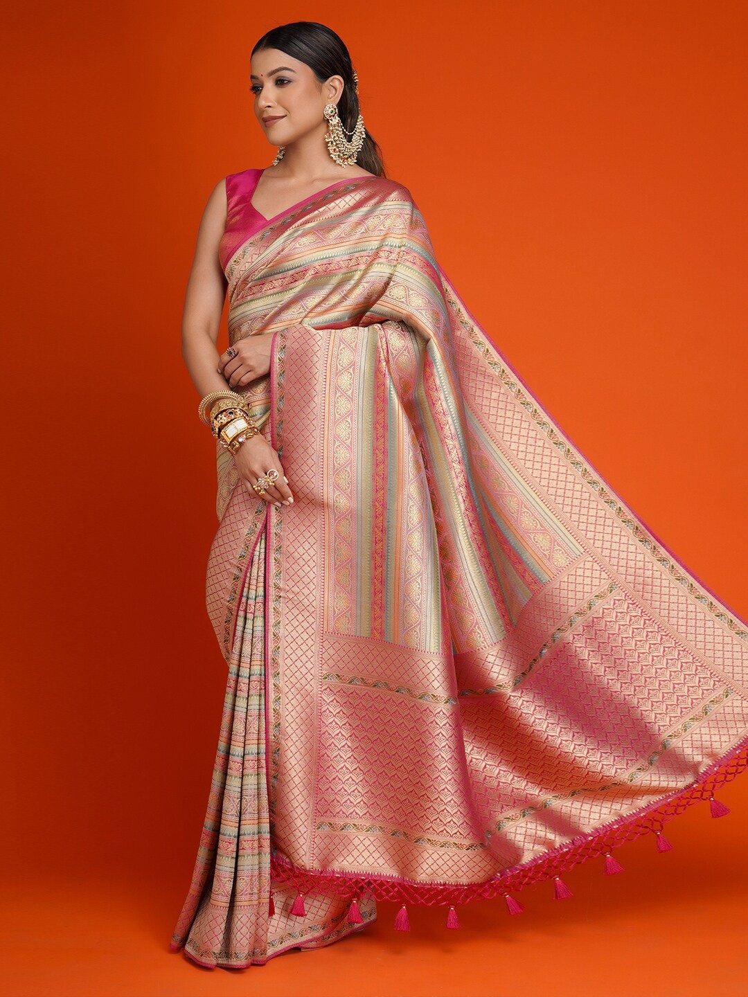 

saree.com Ethnic Motifs Woven Design Zari Saree, Peach