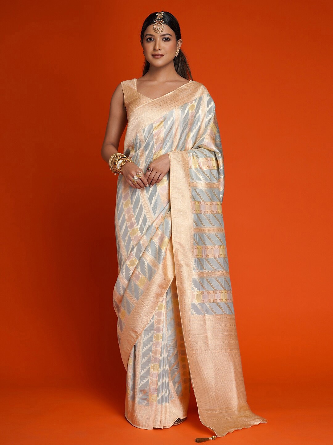 

saree.com Woven Design Zari Silk Saree, Peach