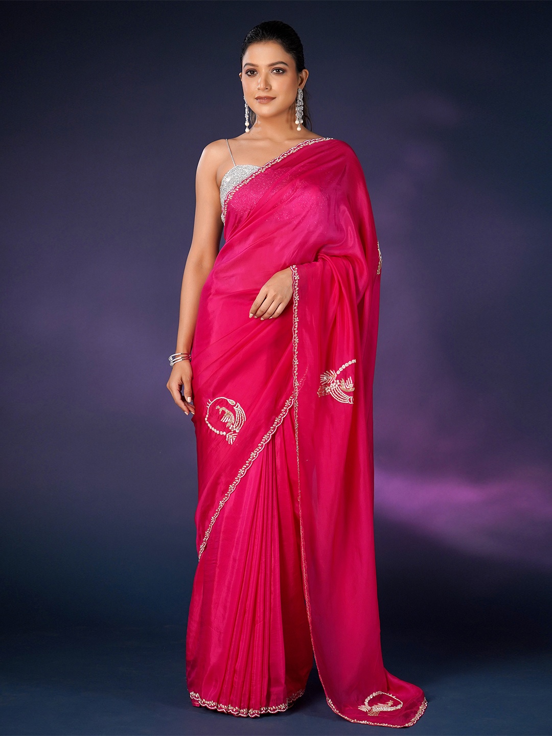 

saree.com Embellished Sequinned Tissue Saree, Pink