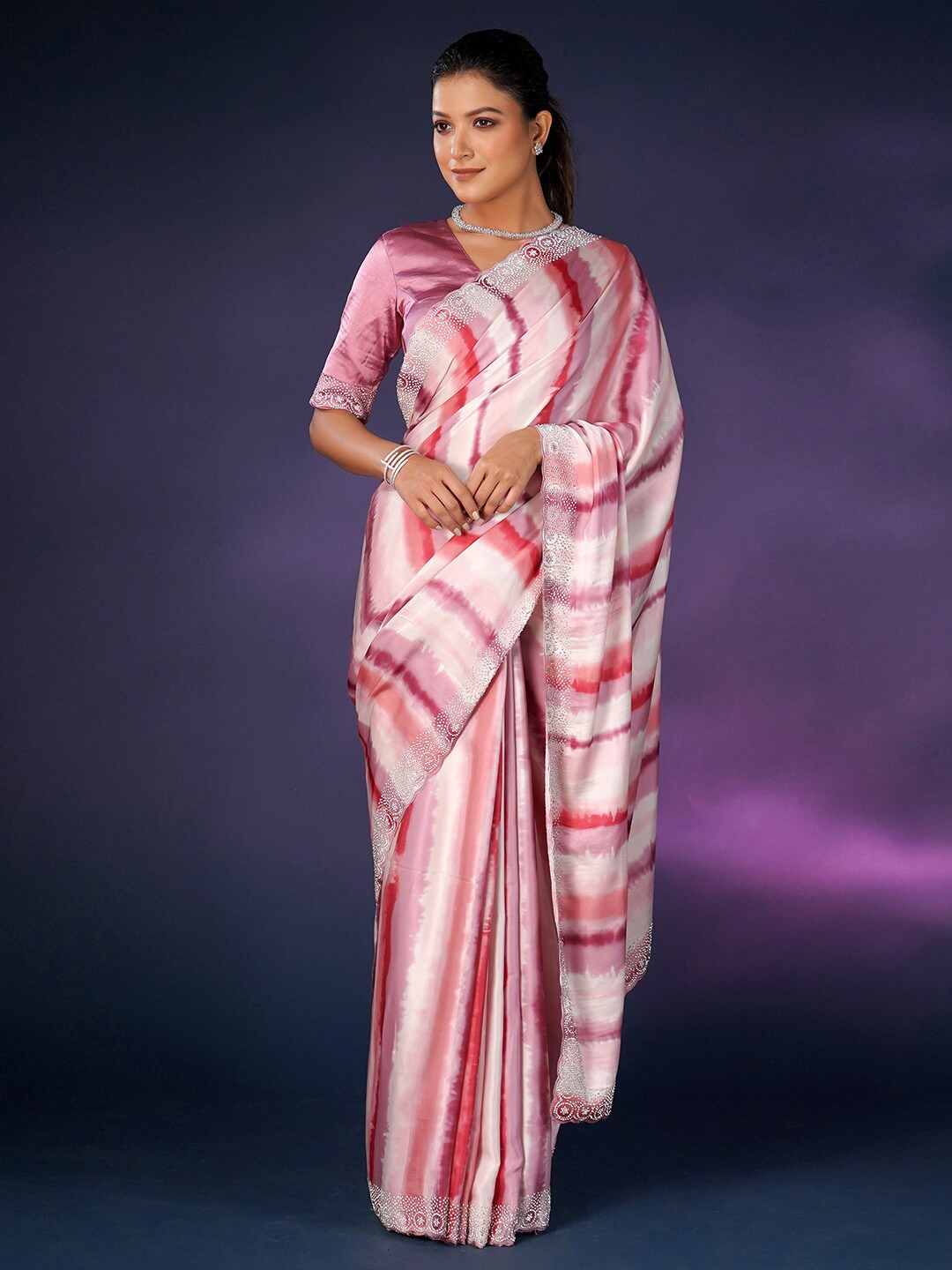 

saree.com Striped Sequinned Satin Saree, Pink