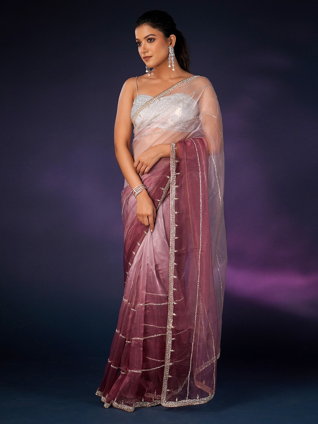 

saree.com Embellished Gotta Patti Organza Saree, Pink