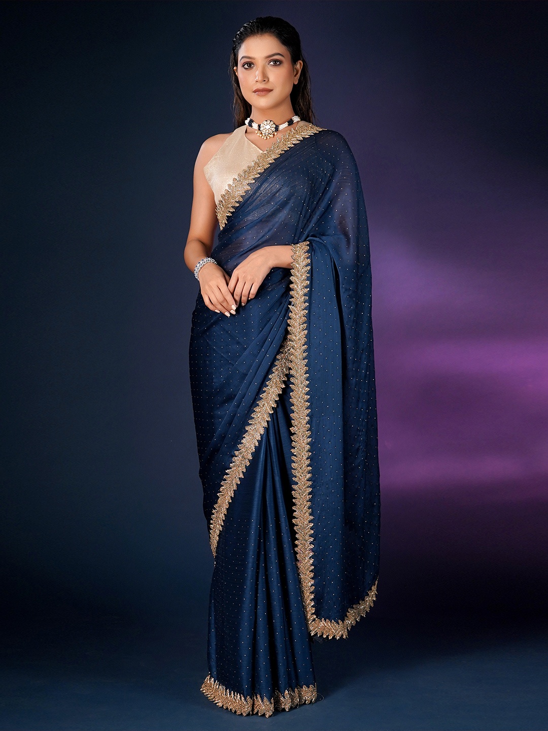 

saree.com Embellished Beads and Stones Chiffon Saree, Blue