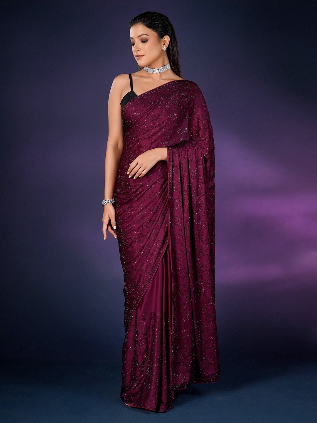 

saree.com Embellished Beads and Stones Satin Saree, Purple