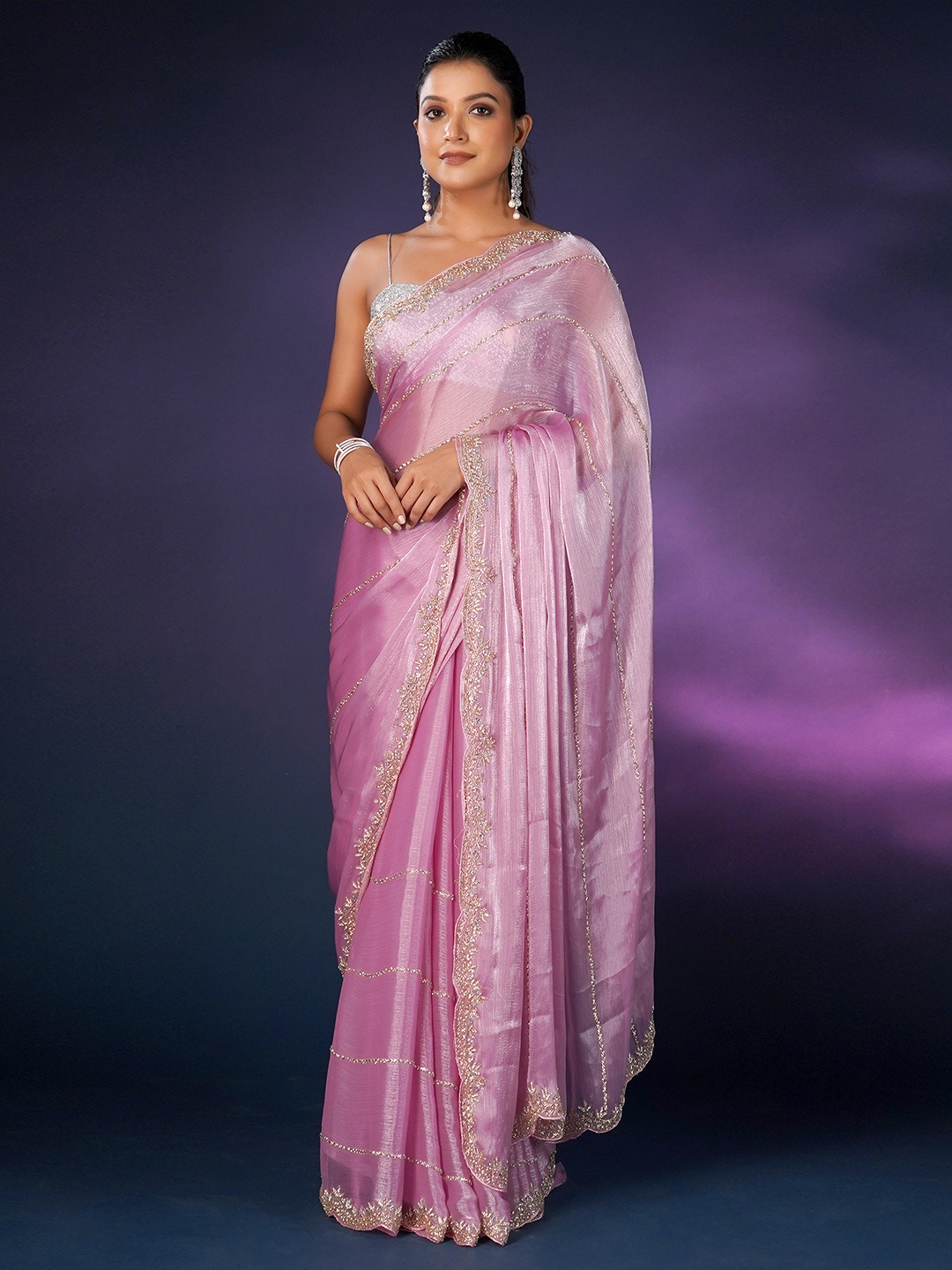 

saree.com Embellished Embroidered Organza Saree, Pink