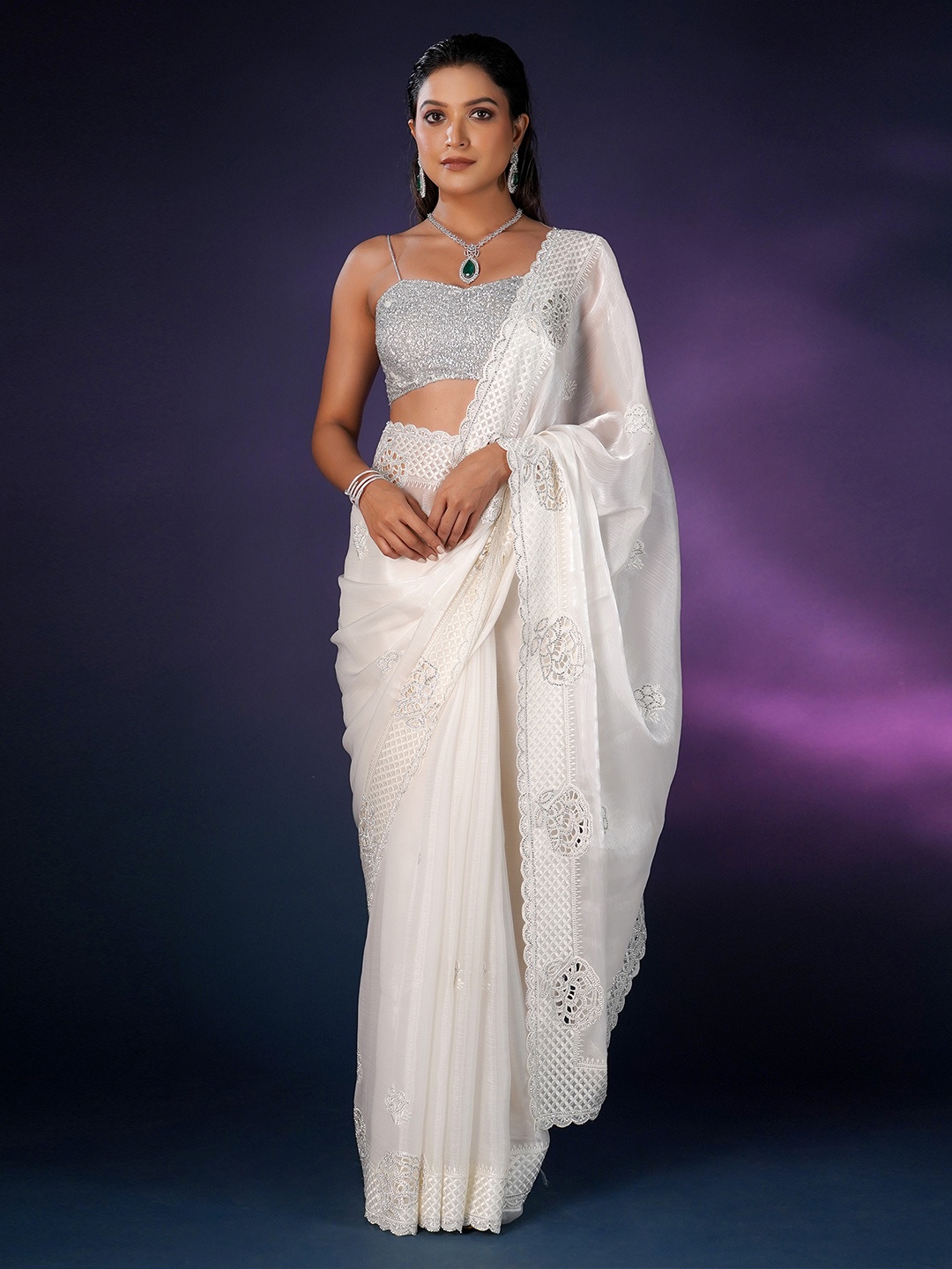 

saree.com Embellished Sequinned Organza Saree, White