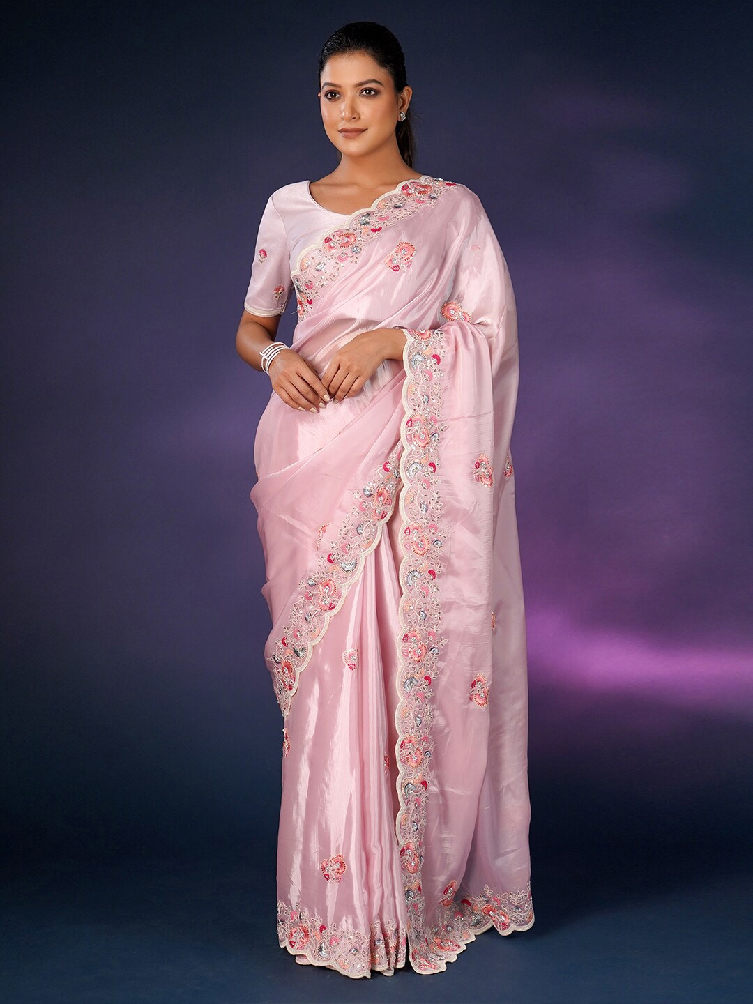 

saree.com Embellished Embroidered Saree, Pink