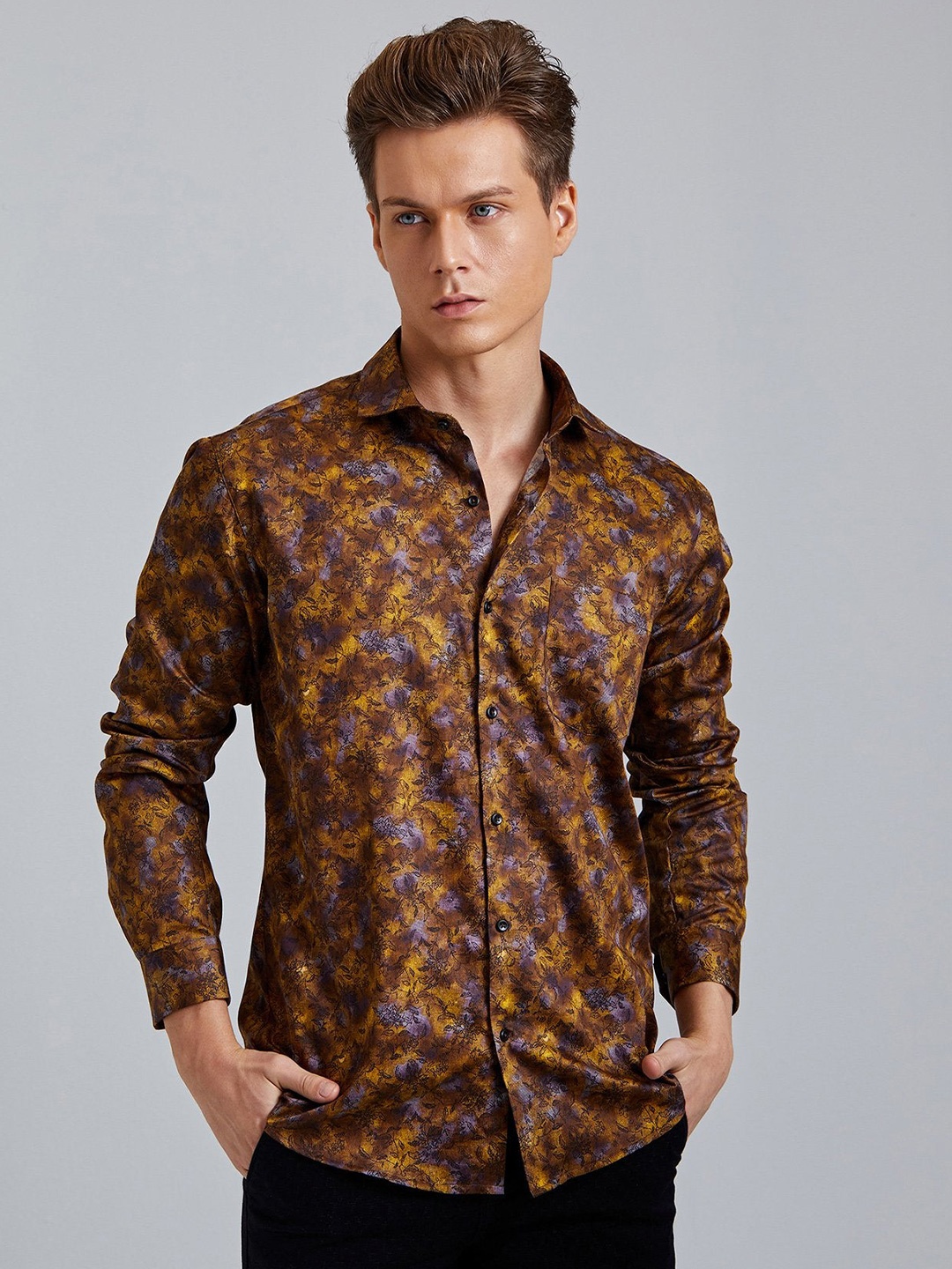 

Stori Men Slim Fit Floral Opaque Printed Party Shirt, Brown