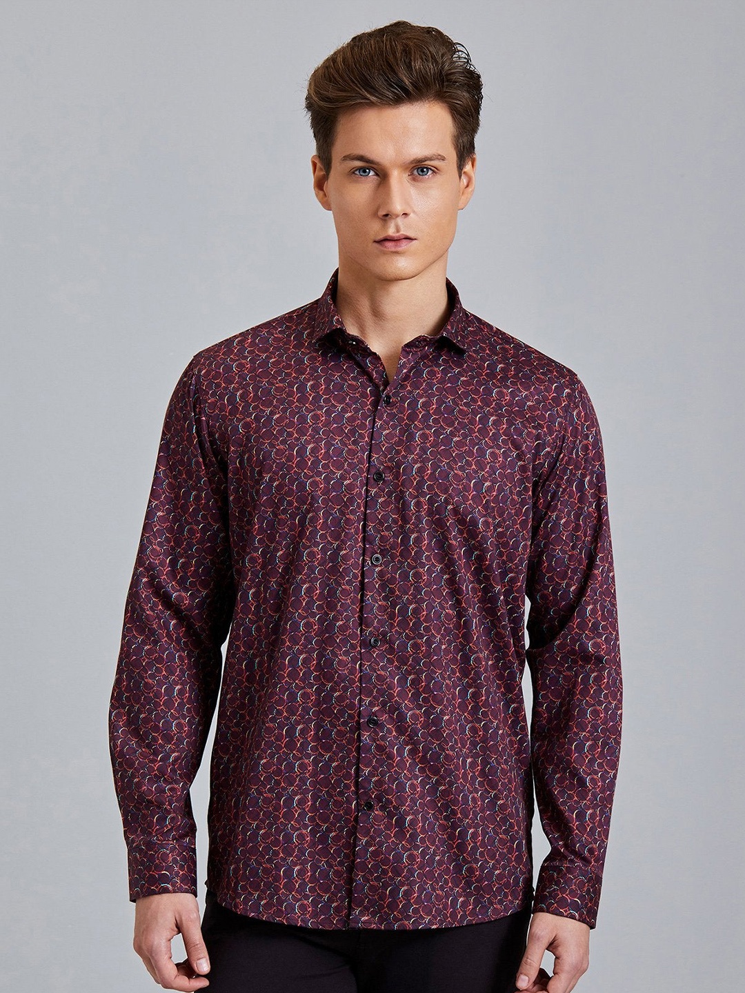 

Stori Men Slim Fit Floral Opaque Printed Party Shirt, Maroon