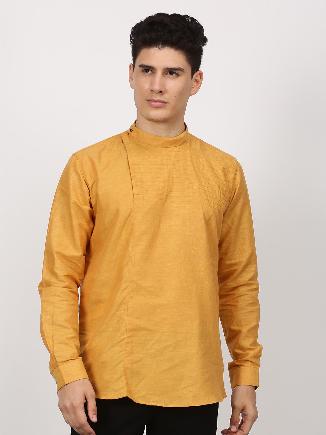 

Stori Mandarin Collar Slim Fit Cotton Casual Shirt, Yellow