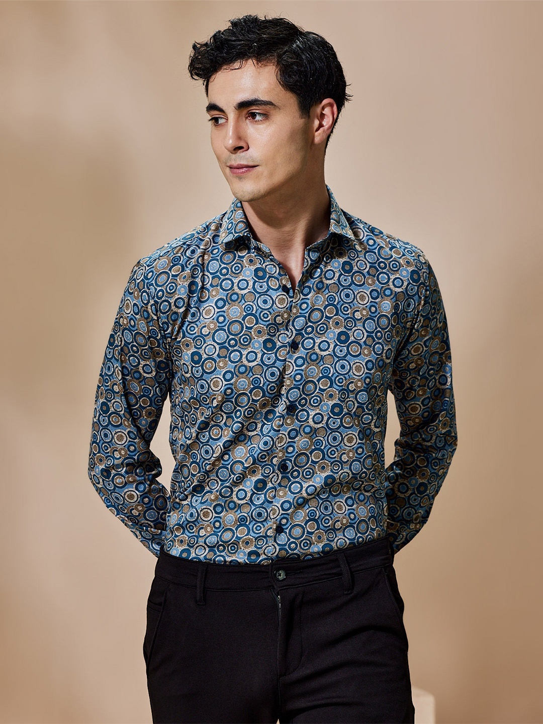 Stori Men Slim Fit Floral Opaque Printed Party Shirt, Blue